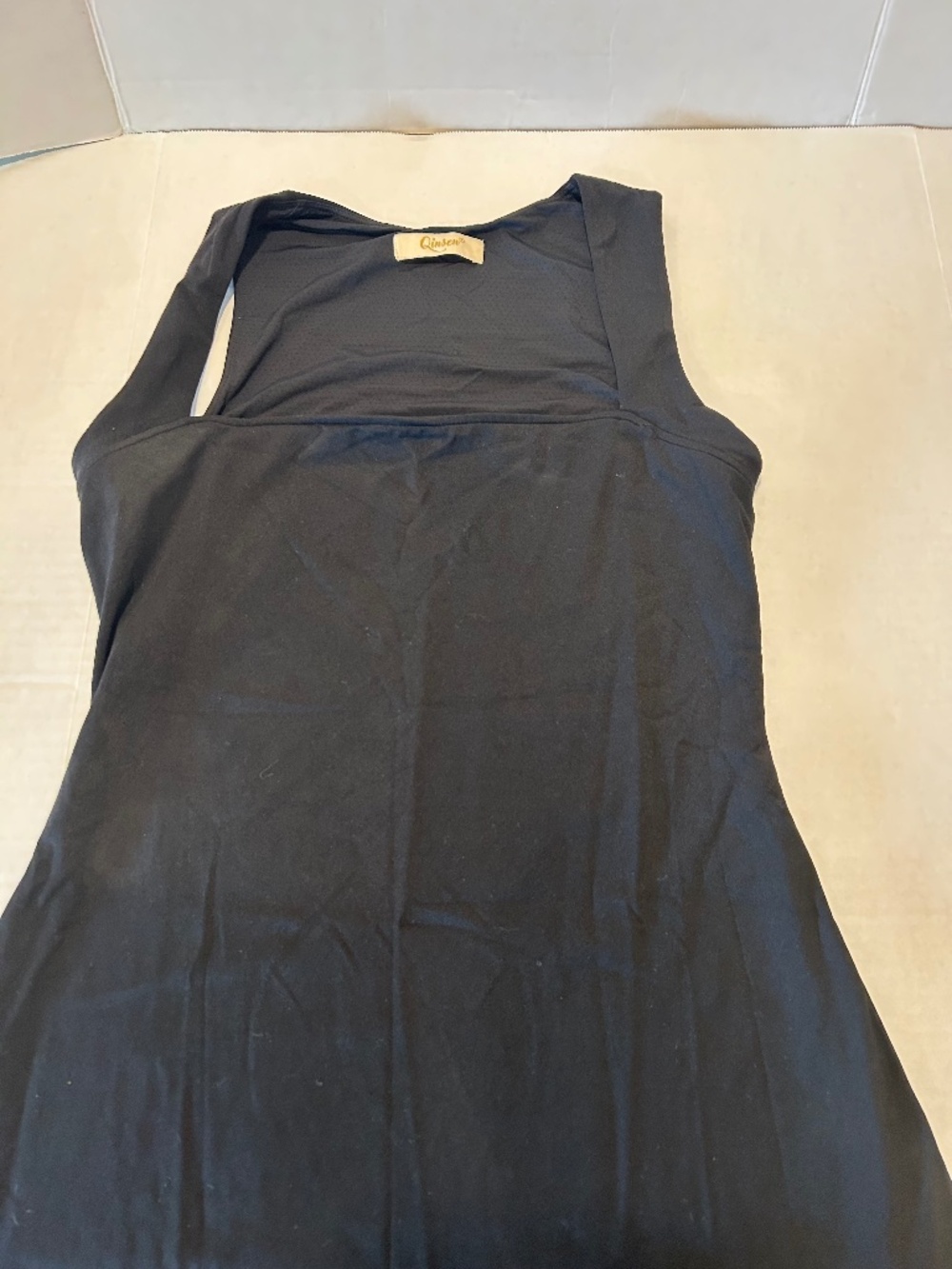 Qinsen, black square neckline lined dress, size 10